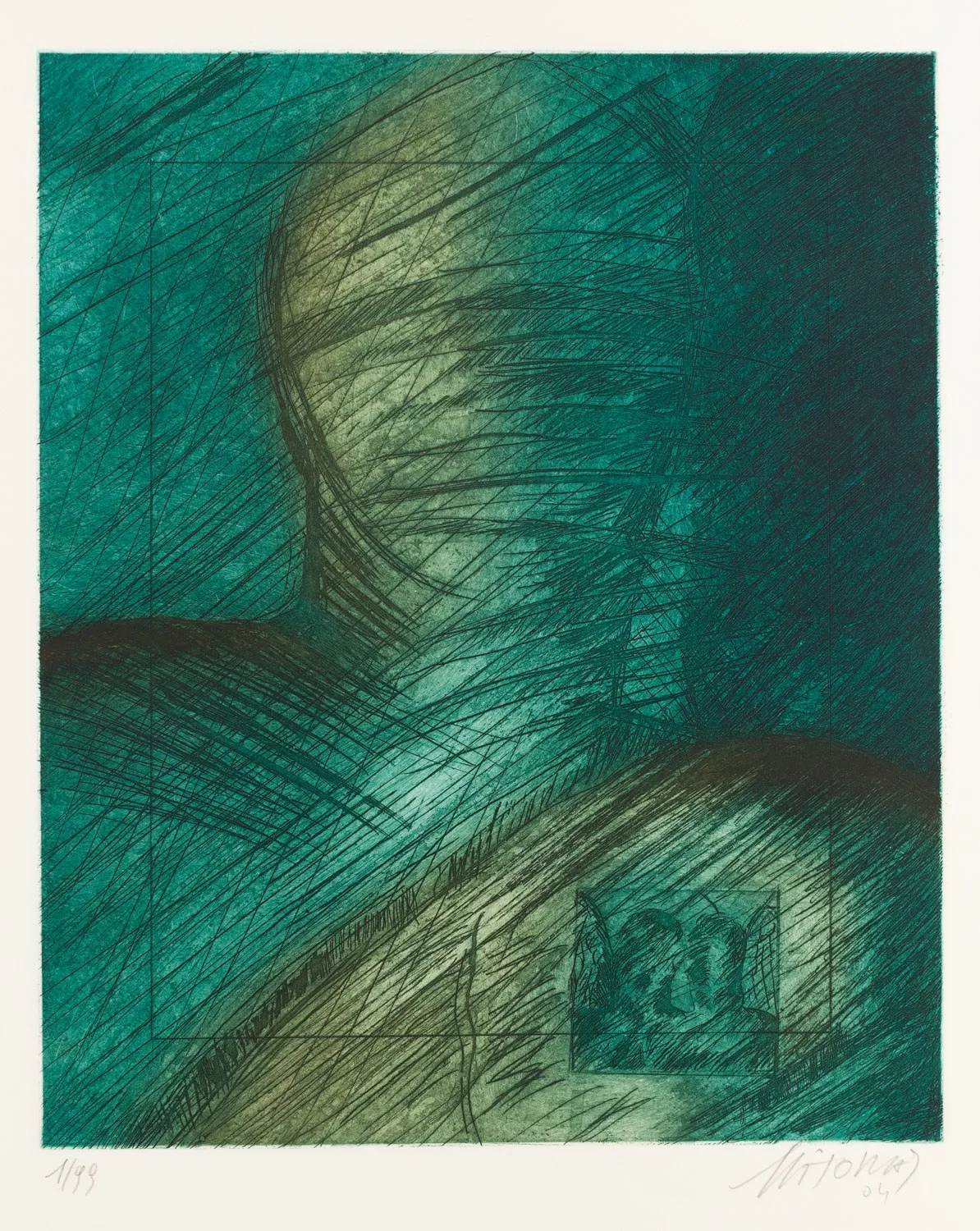 Angelo Fasciato — Igor Mitoraj, 2004 colour etching and aquatint in emerald green, bandaged head in profile, signed Mitoraj '04