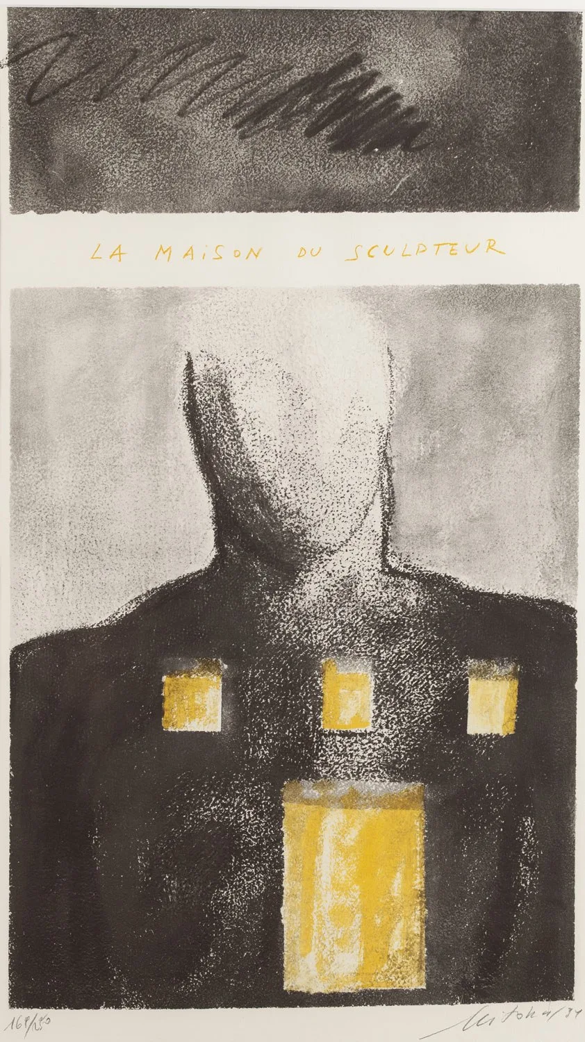 La Maison du Sculpteur — Igor Mitoraj, 1994 colour lithograph: dark human torso with four yellow-lit windows, title LA MAISON DU SCULPTEUR in gold, signed and dated Mitoraj '94