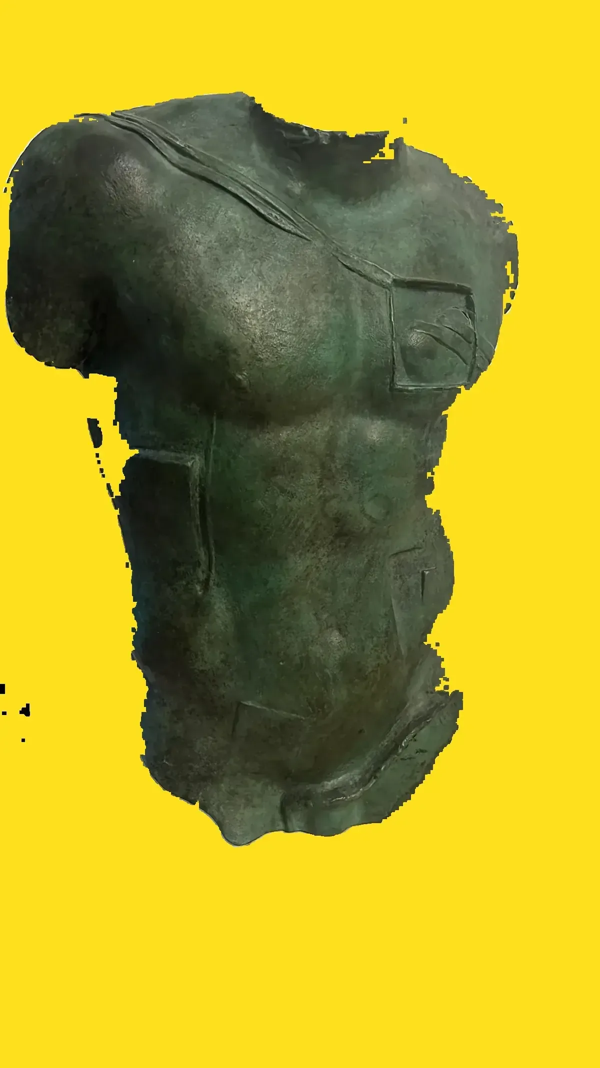 Persée (1988) — Igor Mitoraj, green patina bronze torso, canary yellow background, private collection