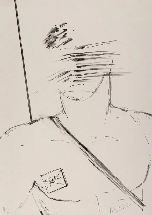 Postać (Figure) — Igor Mitoraj, black and white lithograph: standing figure with bandaged striated head, diagonal sash, small face vignette at shoulder, signed