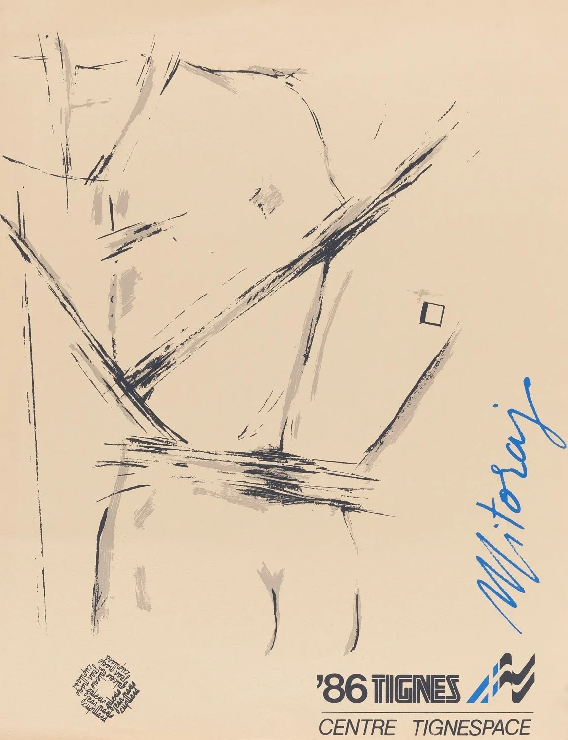 '86 Tignes Centre Tignespace — Igor Mitoraj, 1986 signed poster: gestural ink sketch of a fragmented torso on cream paper, hand-signed in blue ink